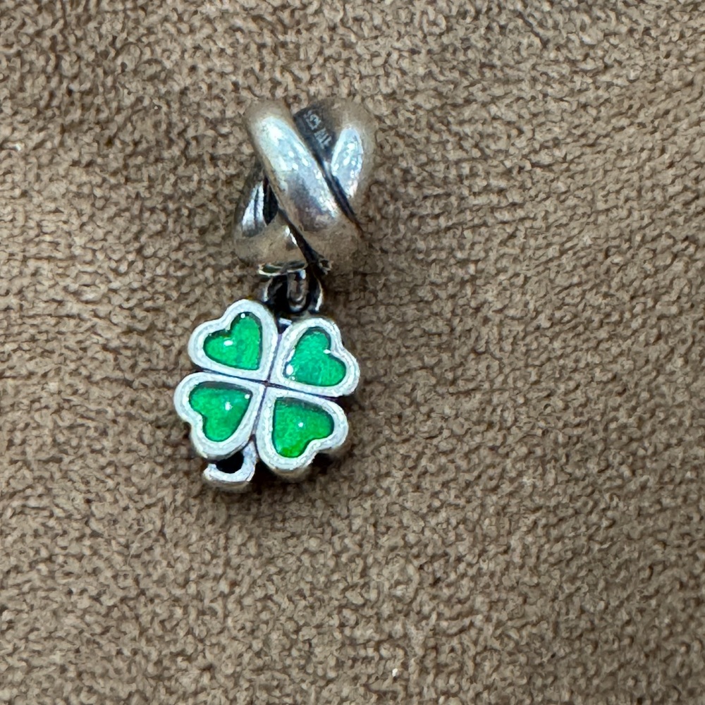 Retired Pandora Four Leaf Clover Dangle Charm with Green Enamel